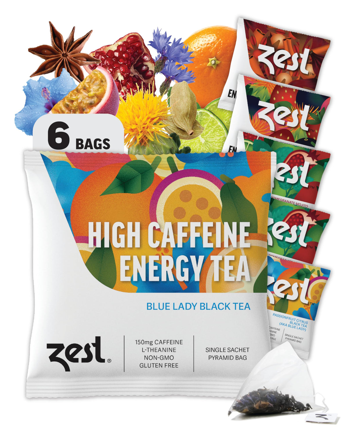 ZEST Energy Tea Assortment Box packaging view with six caffeine-rich tea bags.