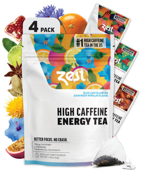 ZEST Energy Tea Assortment Box pyramid tea bags ready for brewing to boost focus