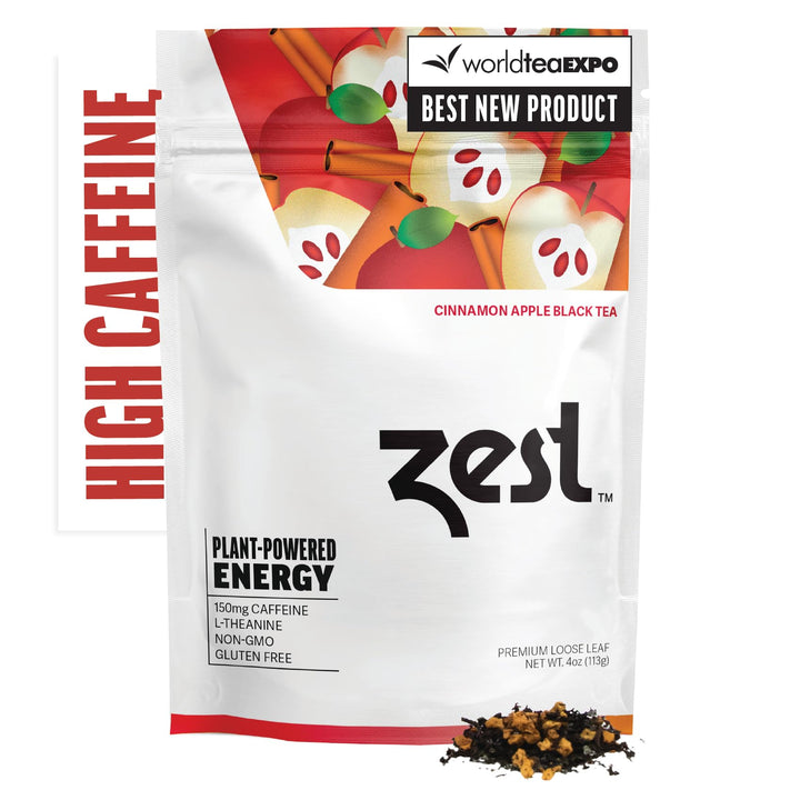 Zest Energy Tea packaging highlights cinnamon apple spice for grab-and-go energy.