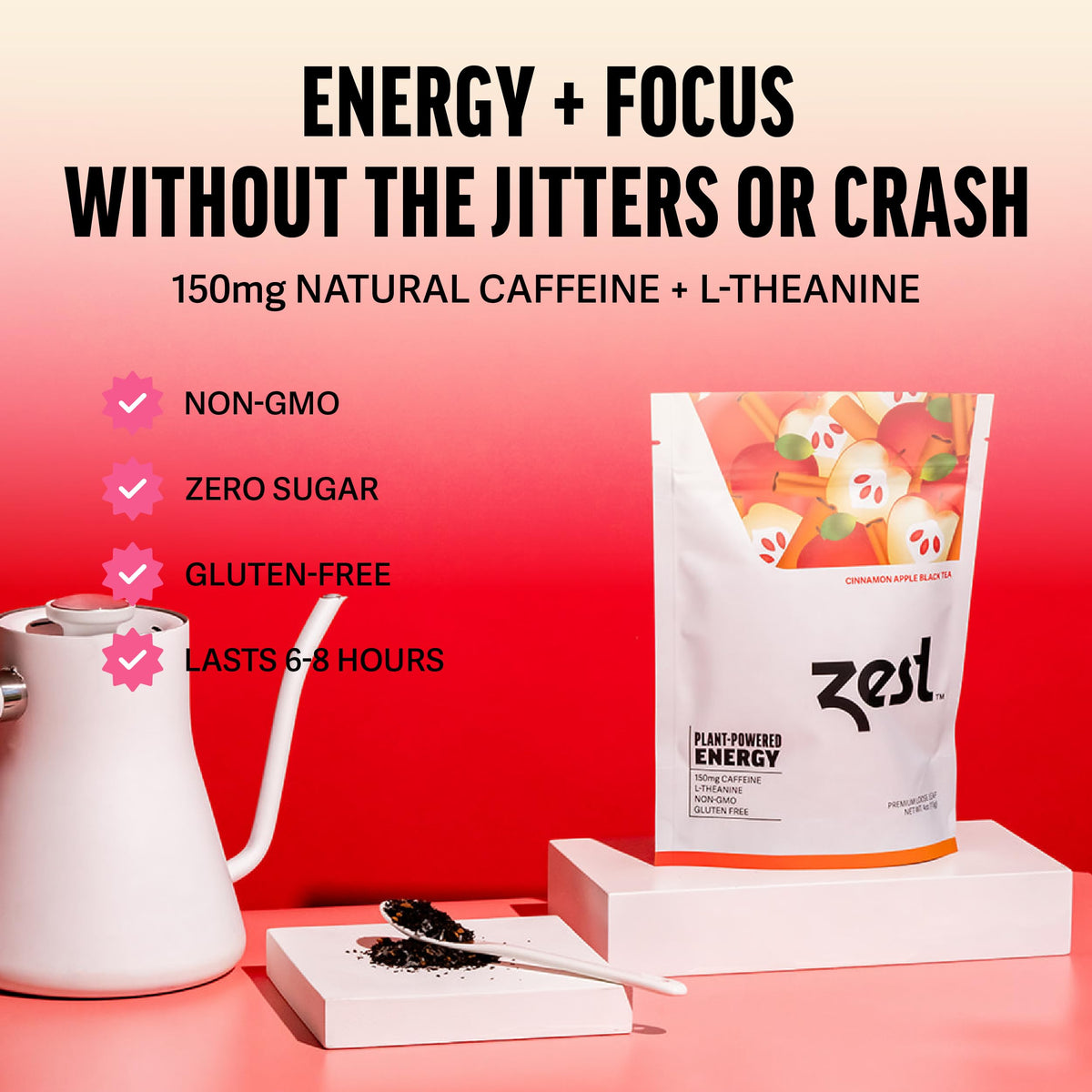 Zest Energy Tea loose leaf in a scoop suggests premium quality and energy.