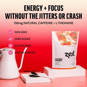 Zest Energy Tea loose leaf in a scoop suggests premium quality and energy.
