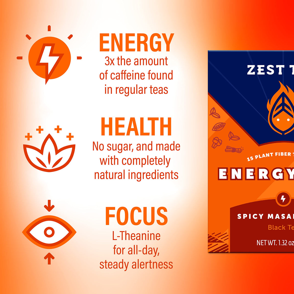 ZEST Energy Tea steaming cup releases spice-rich aroma for focused sipping.