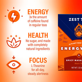 ZEST Energy Tea steaming cup releases spice-rich aroma for focused sipping.