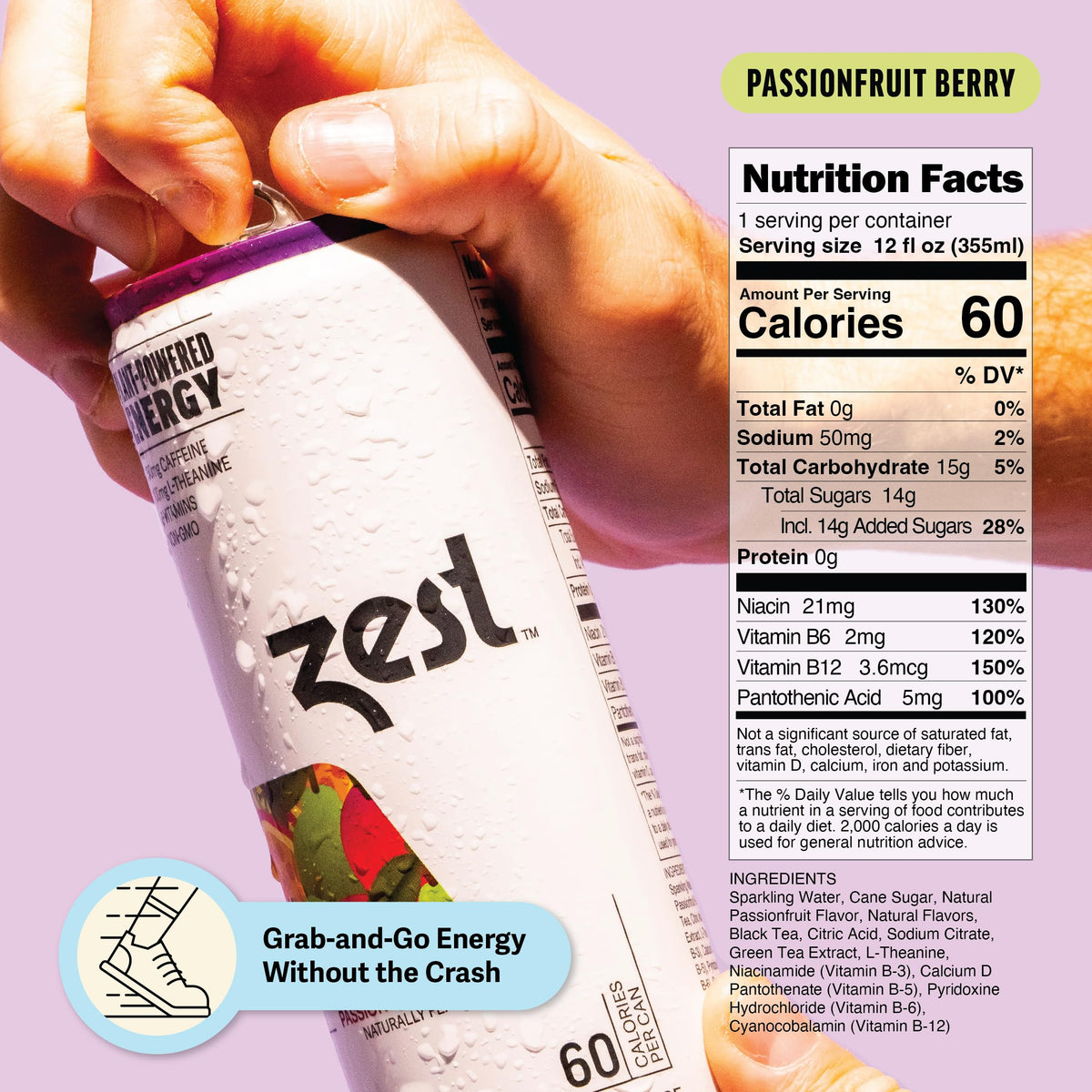 Ingredient list shows clean energy with real cane sugar.