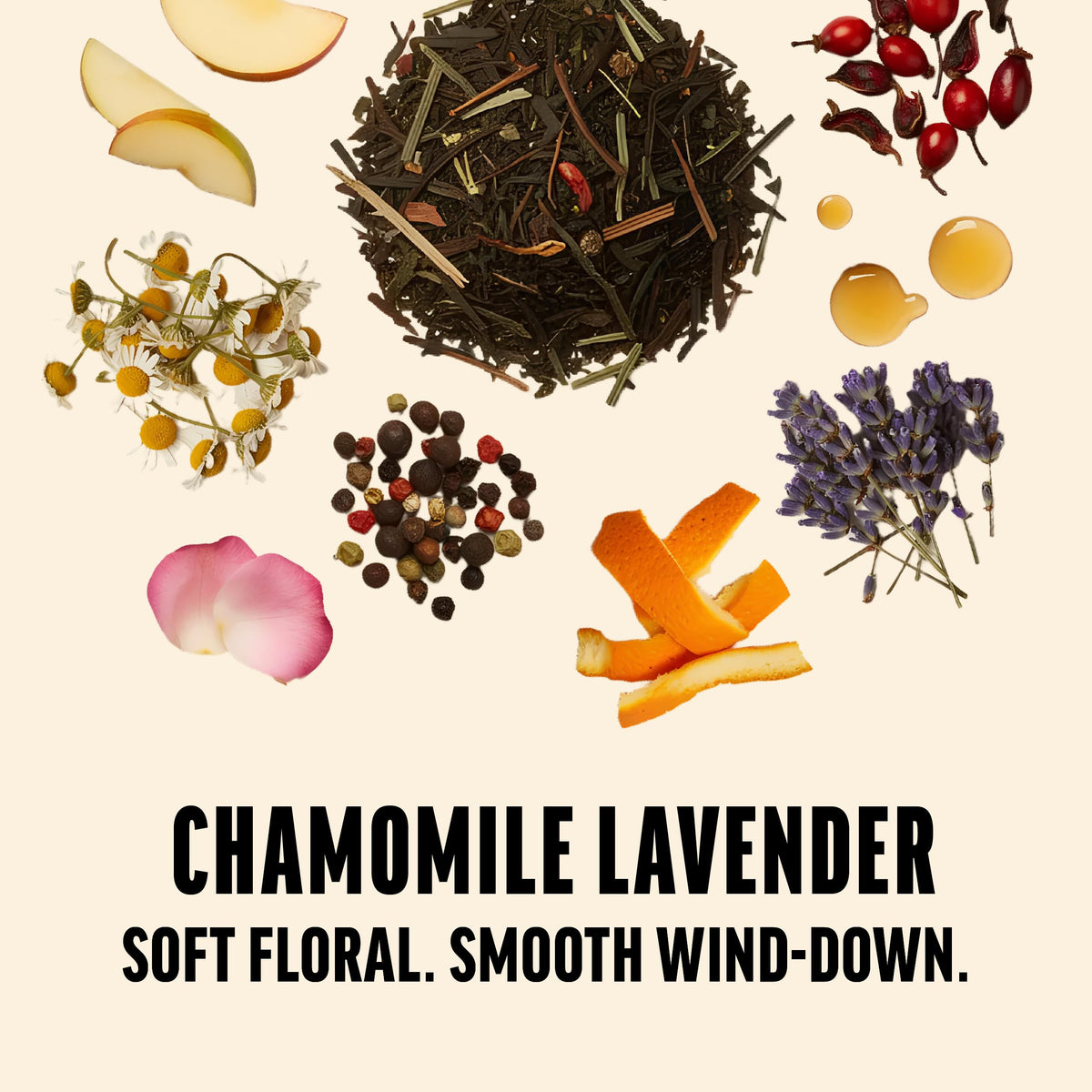 ZEST Sleep Tea ingredients shot highlights organic chamomile and lavender aroma.
