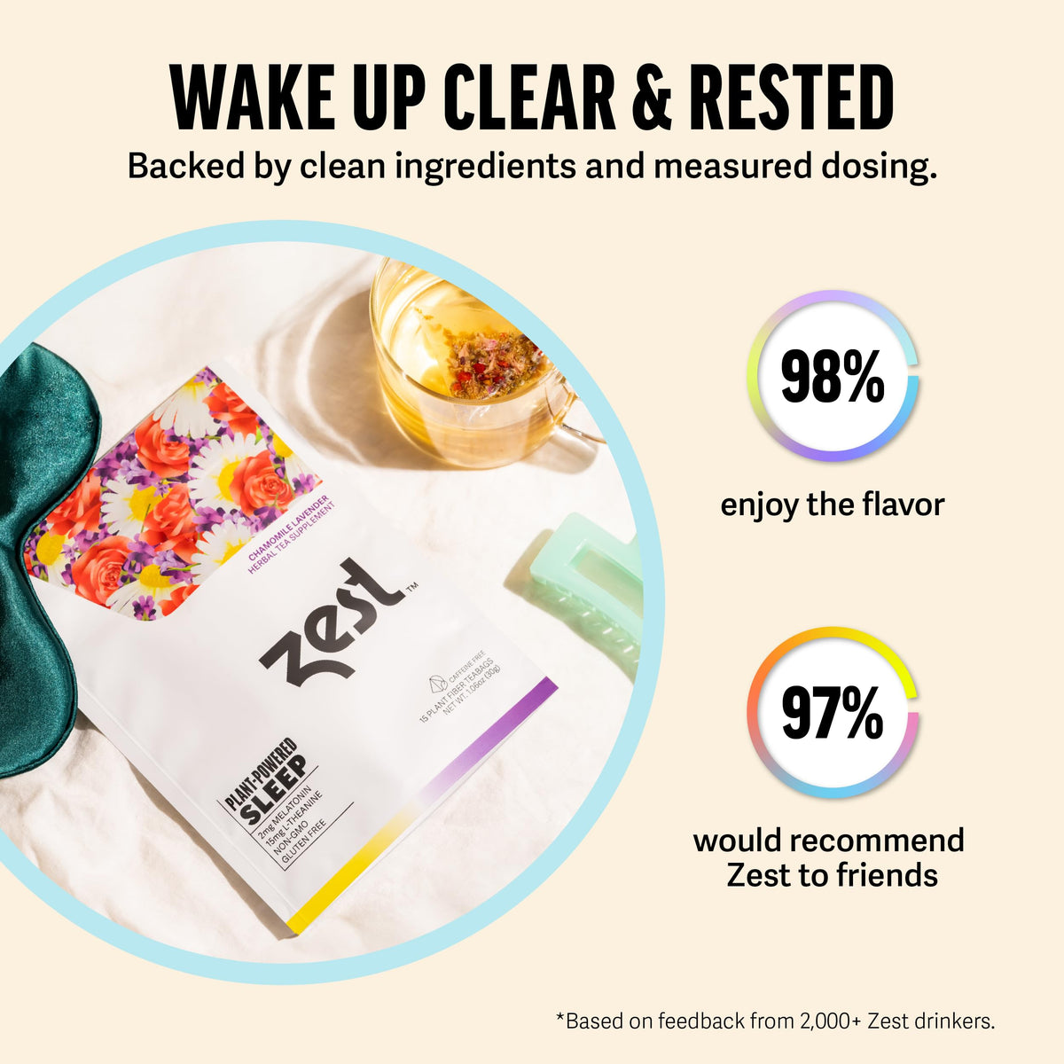 ZEST Sleep Tea packaging and label communicates non-GMO and caffeine-free qualities.