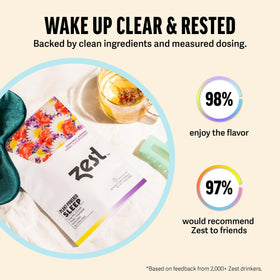 ZEST Sleep Tea packaging and label communicates non-GMO and caffeine-free qualities.