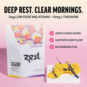 ZEST Sleep Tea tea bag closeup shows chamomile, lavender, and melatonin balance.