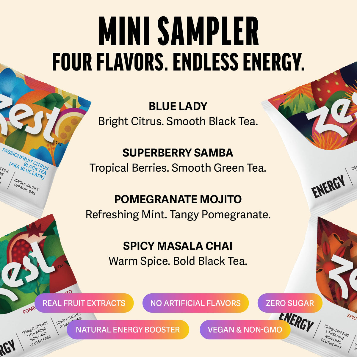 Close-up of ZEST pyramid tea bags, individually sealed for freshness.
