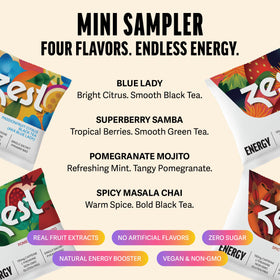 Close-up of ZEST pyramid tea bags, individually sealed for freshness.