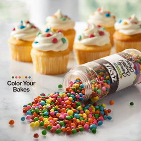Zestix candy-shell chips sprinkled on frosting for festive decorations.