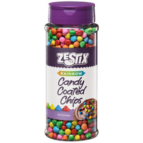 Zestix rainbow candy coated chips in a bottle for vibrant cookies and decor.
