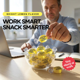 Zestix sugar free lemon drops on a desk ready to nibble.