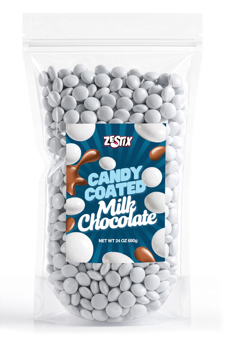 Zestix white candy coated milk chocolate closeup on bite-sized treats for dessert toppings.