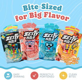 Zesty Bitez bite-sized sour pieces showing easy portion control and quick zing