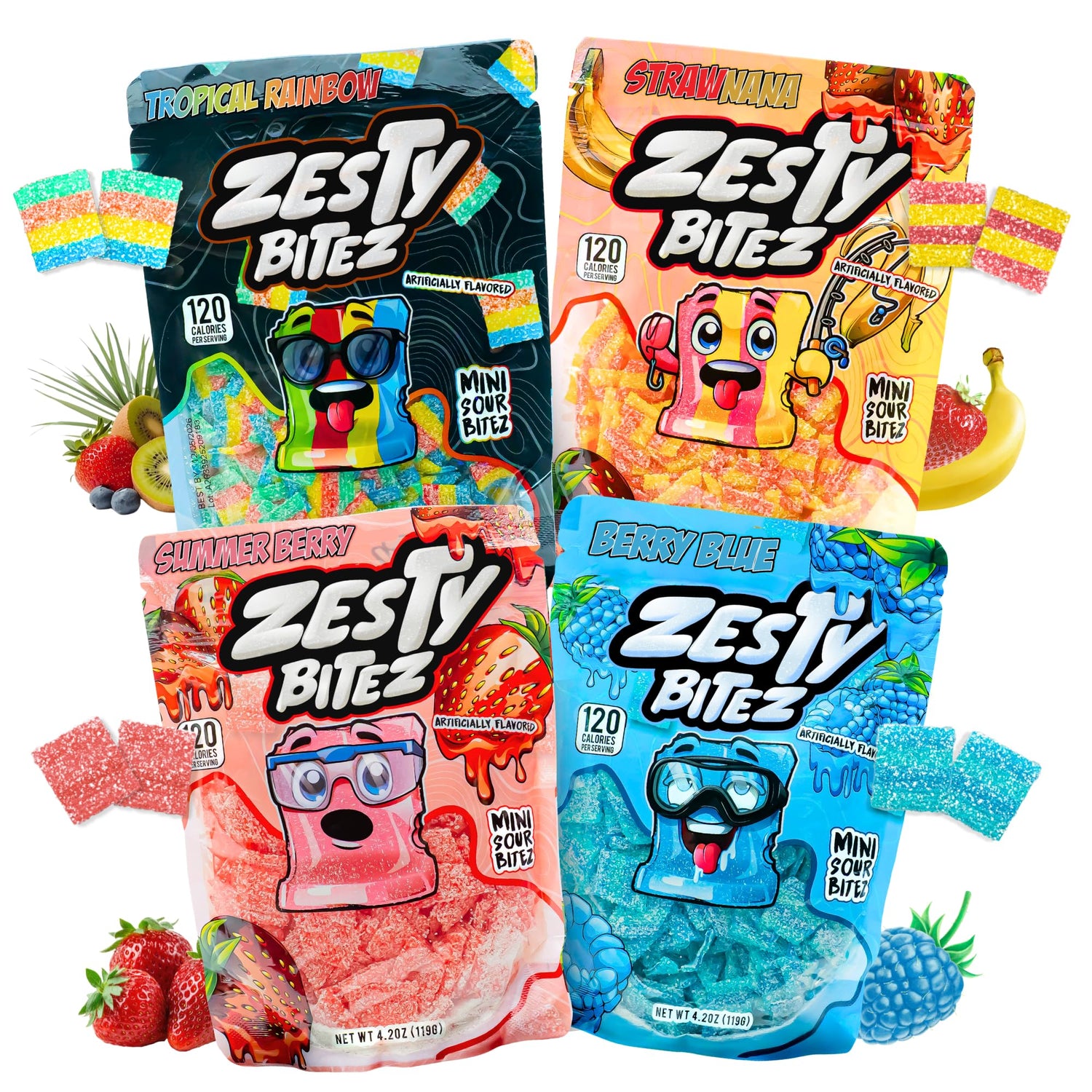 Zesty Bitez blue raspberry bites in a resealable pack for on-the-go snacking