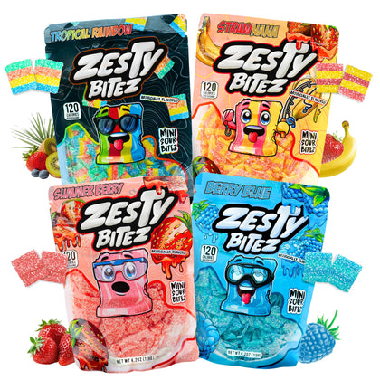 Zesty Bitez blue raspberry bites in a resealable pack for on-the-go snacking