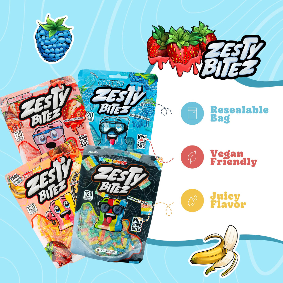 Zesty Bitez strawberry sour strips offering tangy flavor in bite-sized portions