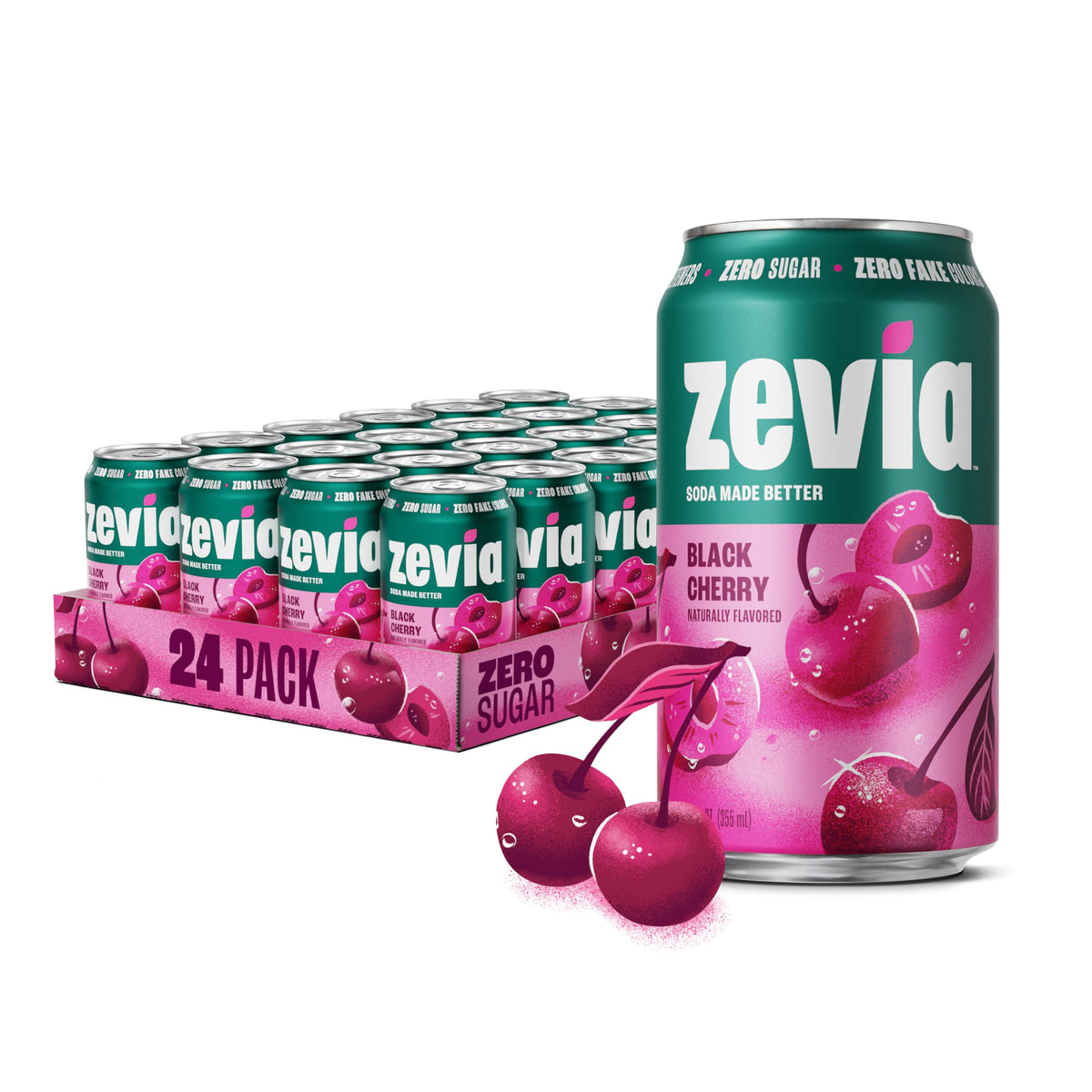 Zevia Black Cherry 12oz can front showing zero sugar and zero calories.