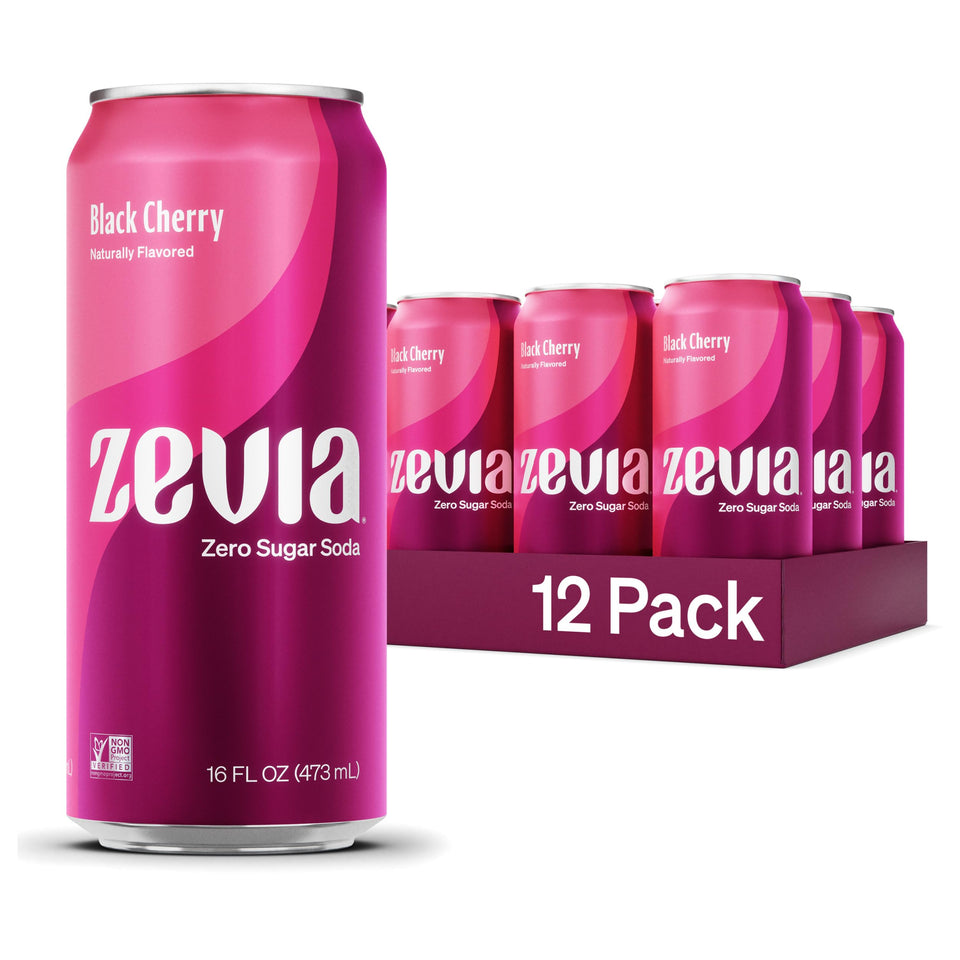 Zevia Black Cherry can-front view with zero sugar and bold flavor