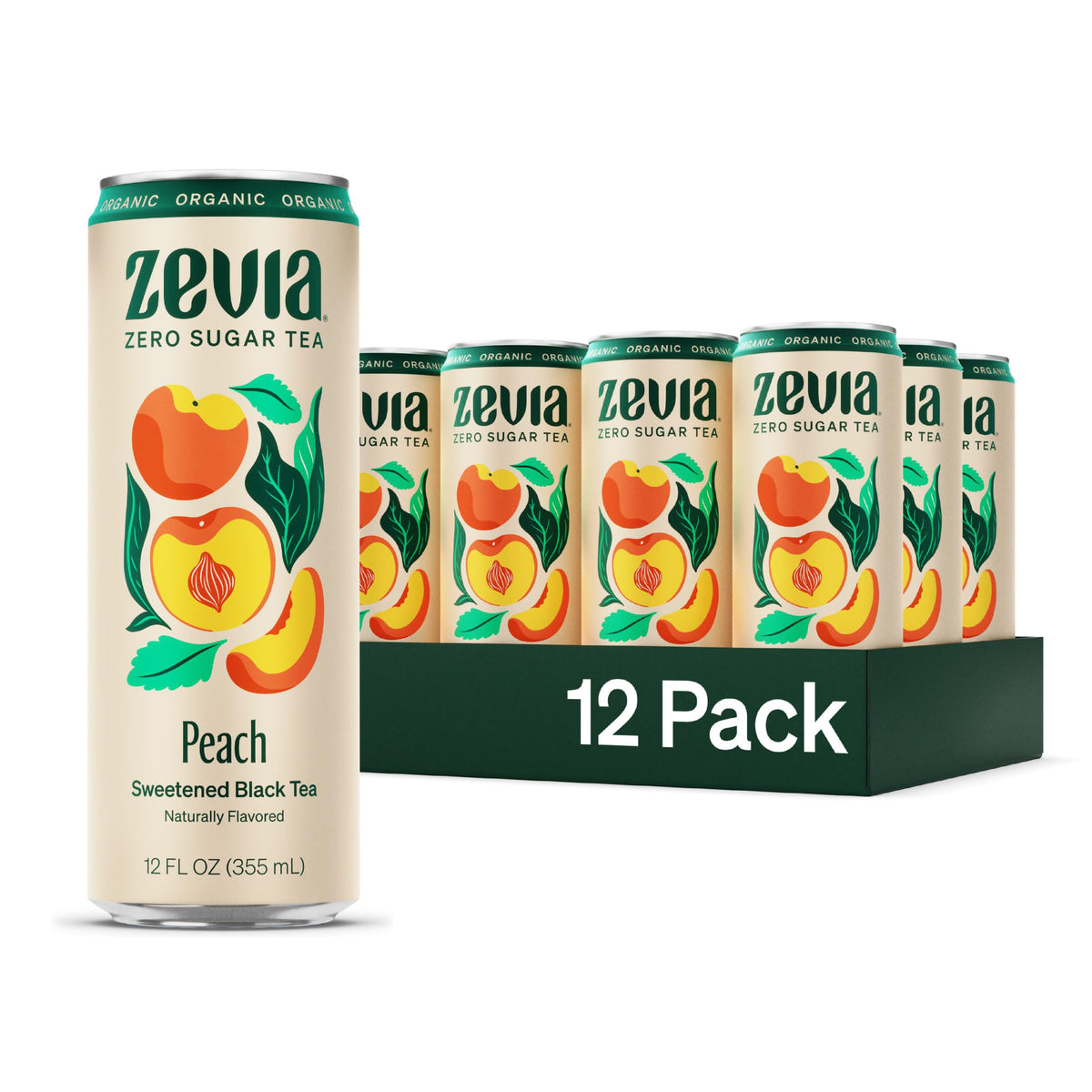 Zevia Black Tea Peach can close-up, naturally sweetened with zero calories.