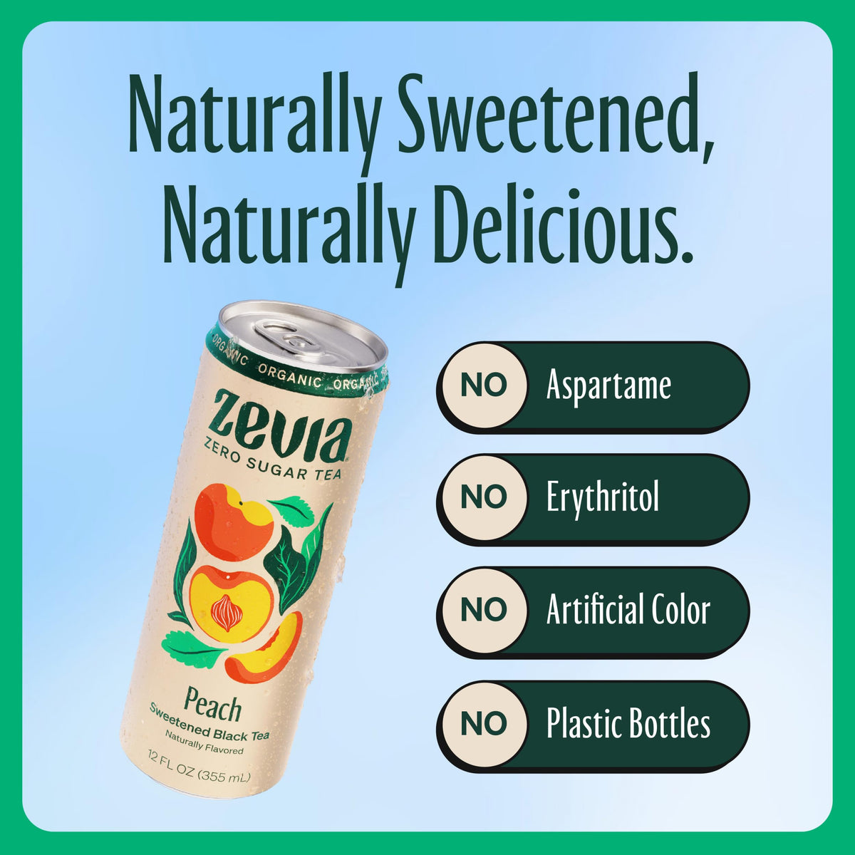 Zevia Black Tea Peach ingredients panel close-up with Non-GMO verification.