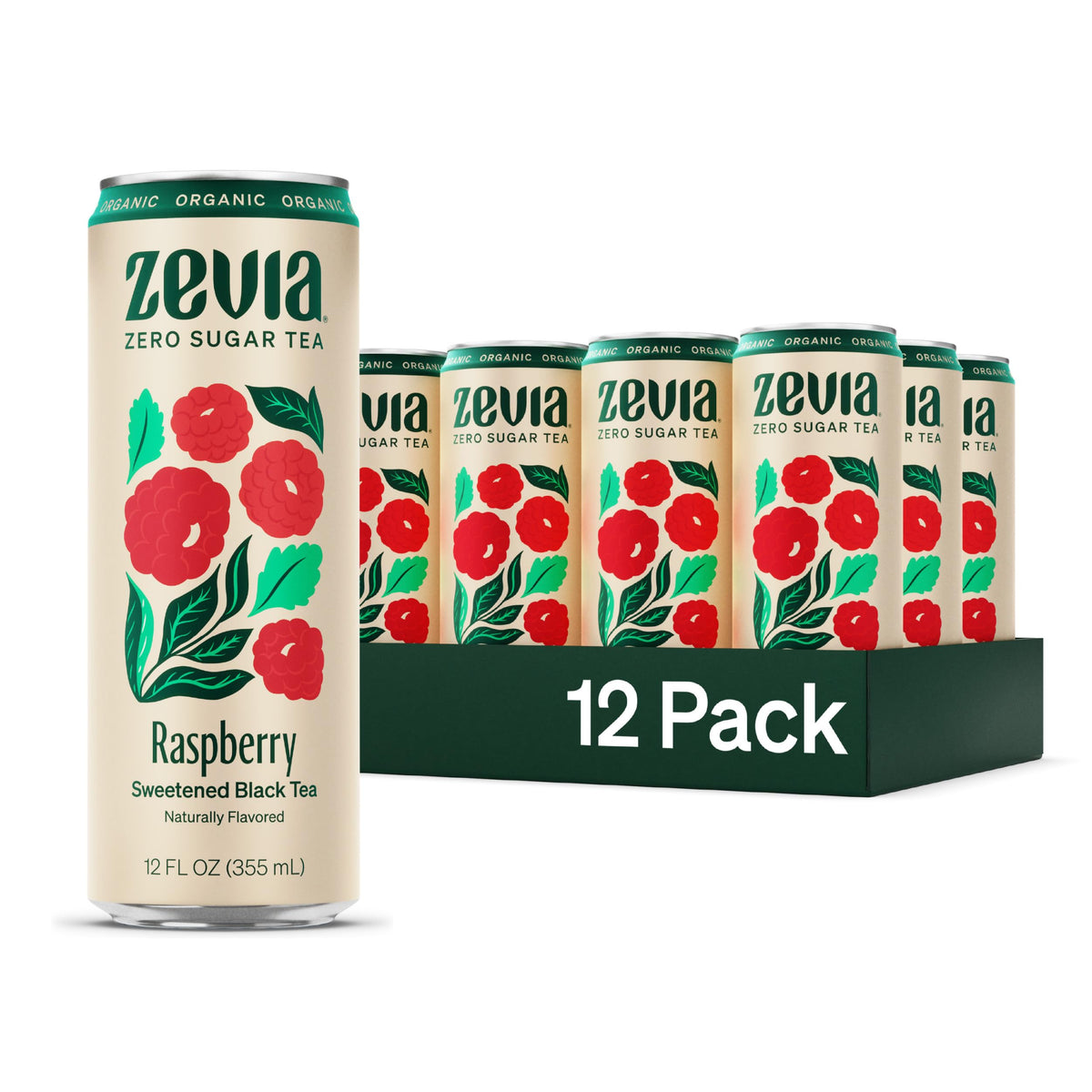 Zevia Black Tea Raspberry can showing bold color and zero sugar.