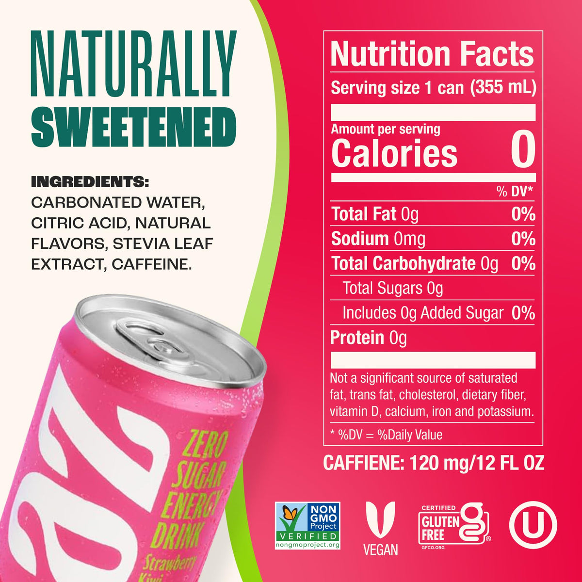 Zevia can with ice, strawberry kiwi flavor for a refreshing break.