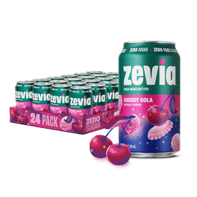 Zevia Cherry Cola can front view, zero sugar beverage option.