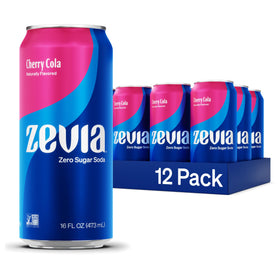 Zevia Cherry Cola can highlighting zero sugar and natural sweetness.