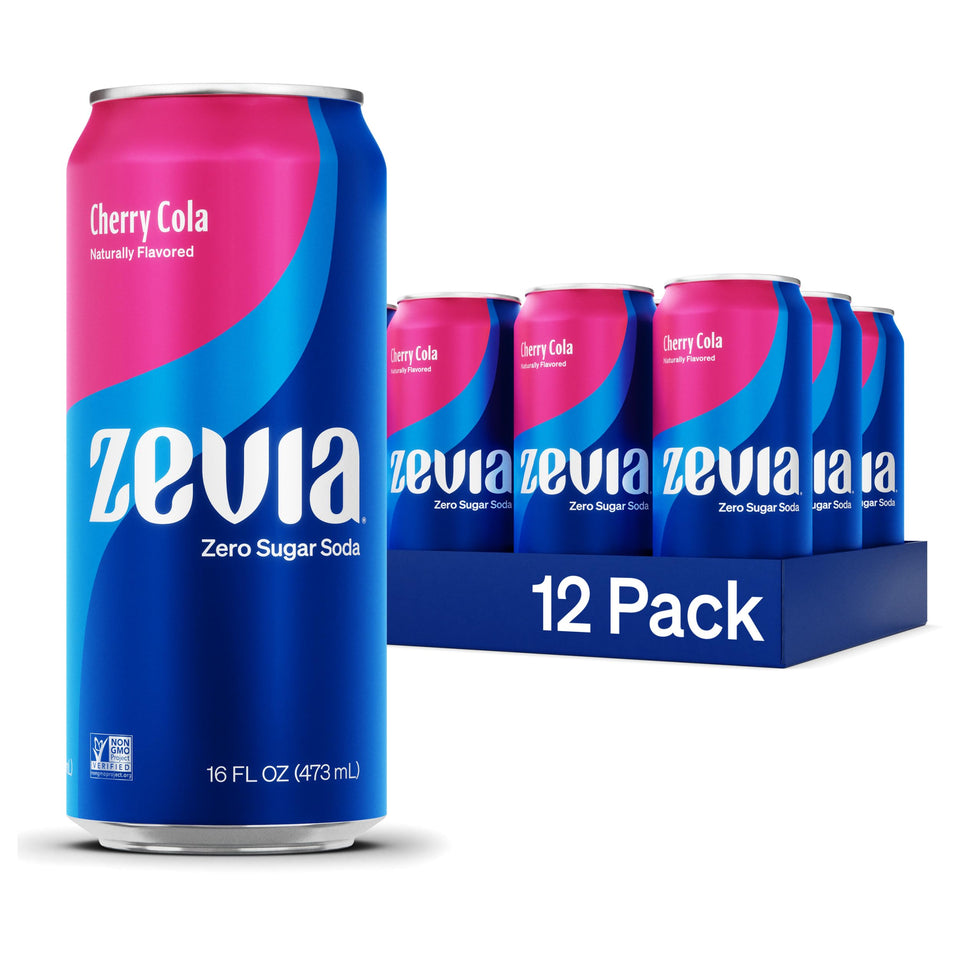 Zevia Cherry Cola can highlighting zero sugar and natural sweetness.