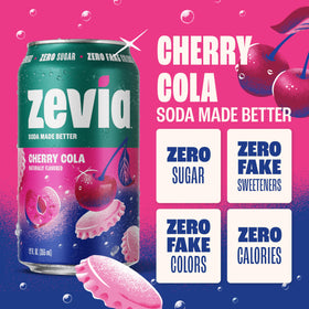 Zevia Cherry Cola being poured into a glass, a refreshing zero sugar moment.