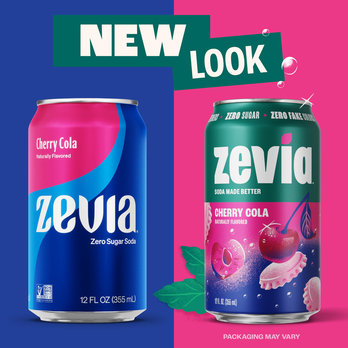 Zevia Cherry Cola on kitchen counter beside healthy snacks, zero sugar.