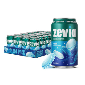 Zevia Cola 12oz can on ice, naturally sweetened with stevia and zero calories.