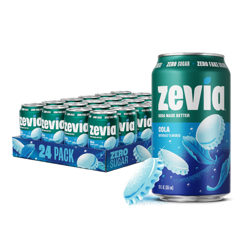 Zevia Cola 12oz can on ice, naturally sweetened with stevia and zero calories.