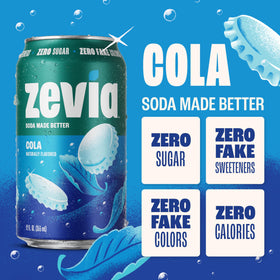Zevia Cola can being poured into a glass, zero sugar and authentic flavor.