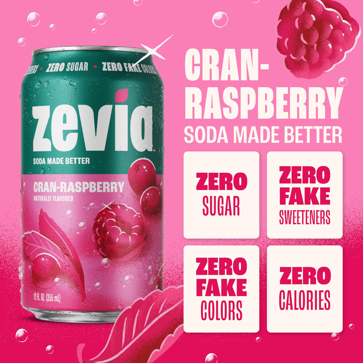 Zevia Cran-Raspberry pour highlights naturally sweetened flavor without artificial additives