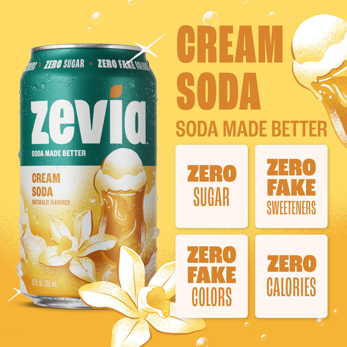Zevia Cream Soda poured into a glass reveals creamy vanilla aroma.