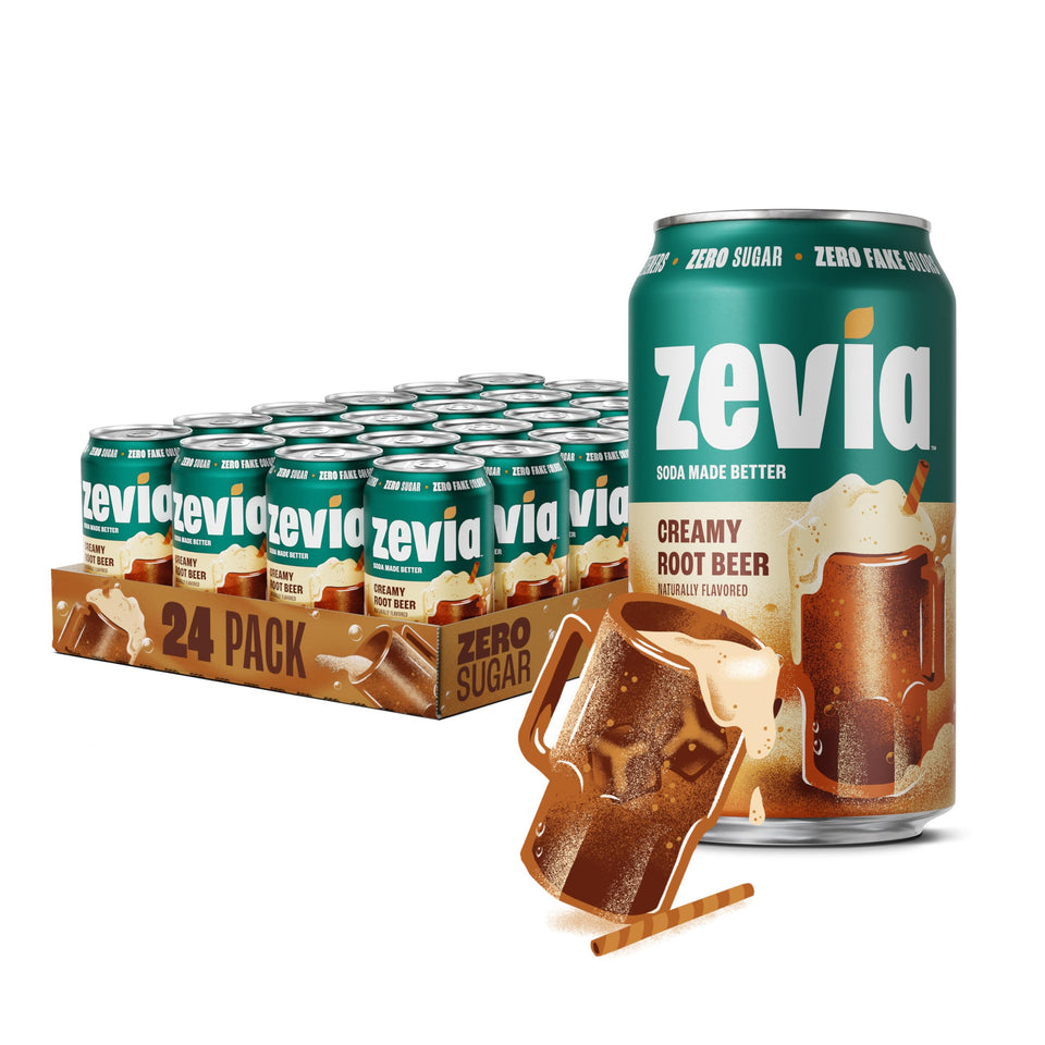 Zevia Creamy Root Beer 12oz can with zero sugar and rich flavor.
