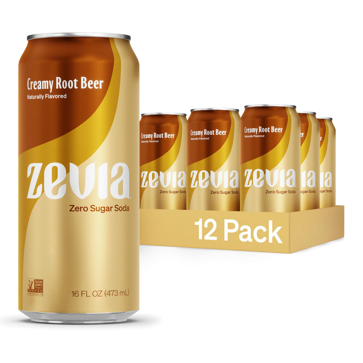 Zevia Creamy Root Beer bottle shows naturally sweetened zero sugar.