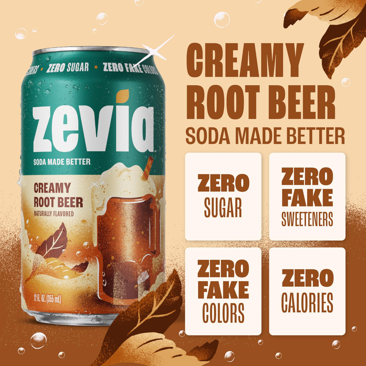 Zevia Creamy Root Beer pour-glass evokes a refreshing zero-calorie sip.