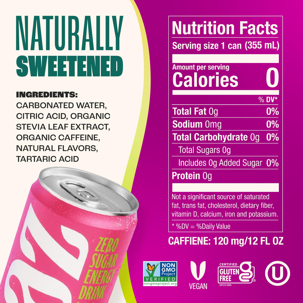 Zevia Energy Fruity Fuel Variety Pack label displays four sugar-free flavors.
