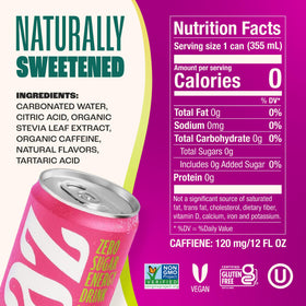 Zevia Energy Fruity Fuel Variety Pack label displays four sugar-free flavors.