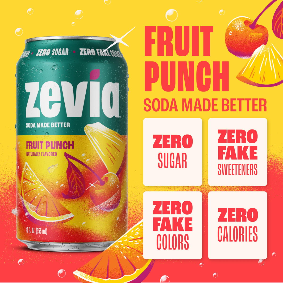Zevia Fruit Punch being poured into a glass, caffeine-free.