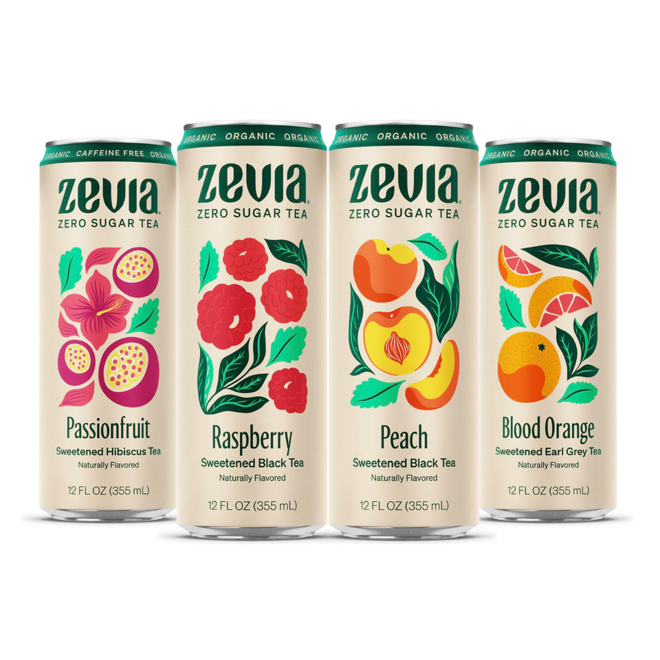 Zevia Fruity Tea Variety Pack front view, zero sugar, zero calories for refreshing anytime.