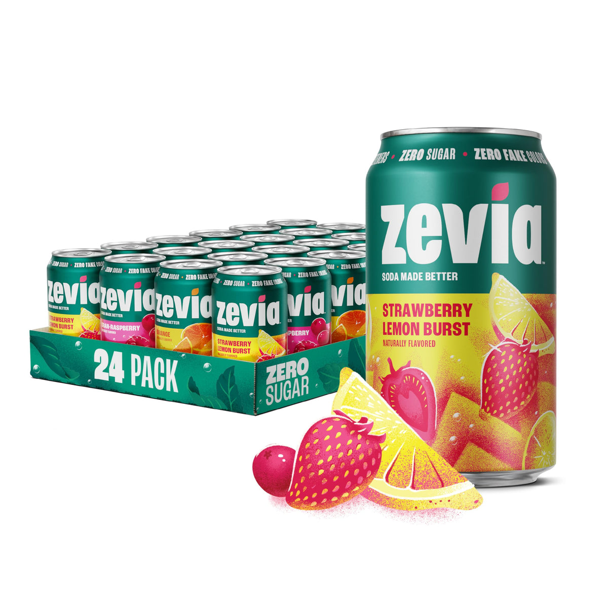 Zevia Fruity Variety Pack 12oz cans on display with zero sugar