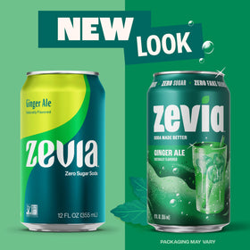 Zevia Ginger Ale on fridge shelf, convenient zero sugar option.