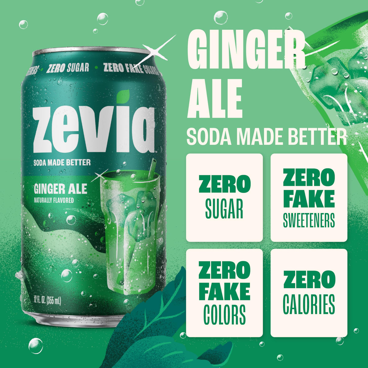 Zevia Ginger Ale being poured into a glass with ice, refreshing zero sugar option.