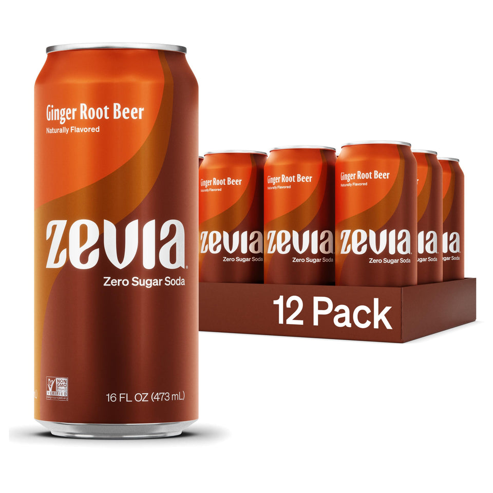 Zevia Ginger Root Beer can front showing zero sugar and bold branding