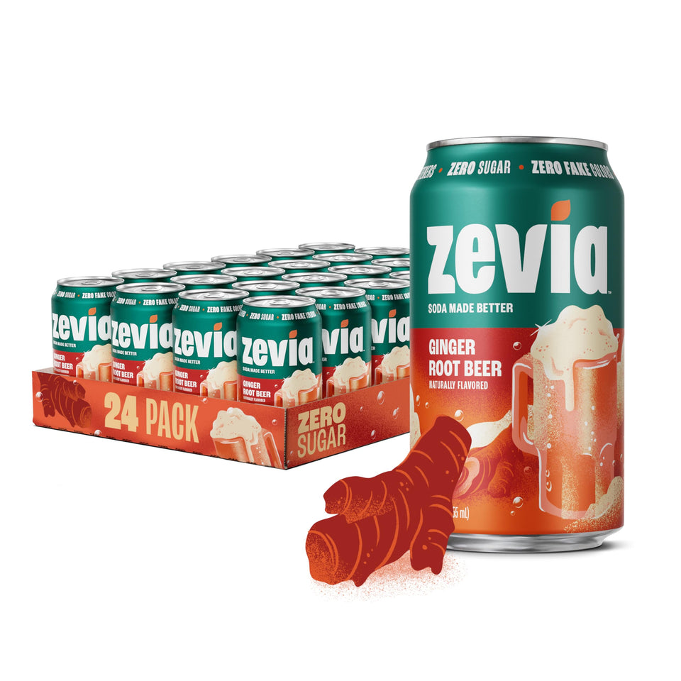 Zevia Ginger Root Beer can front view with zero sugar and zero calories